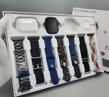 I20 Ultra Max Smart Watch 10-in-1 box set comes with EarBurds