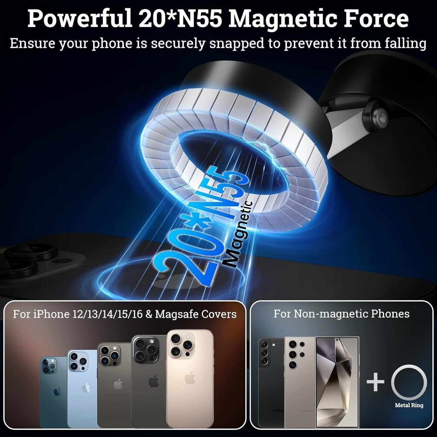 Vacuum Magnetic Phone Holder, Suction Cup Mount, Foldable Strong Black