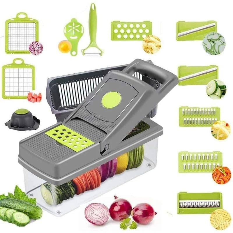 Vegetable Chopper, Multifunctional 15 in 1 professional food chopper, with 8 Blade for Onion Potato Tomato Cucumber Carrot Container Egg slicer Mandolin slicer Cheese slicer