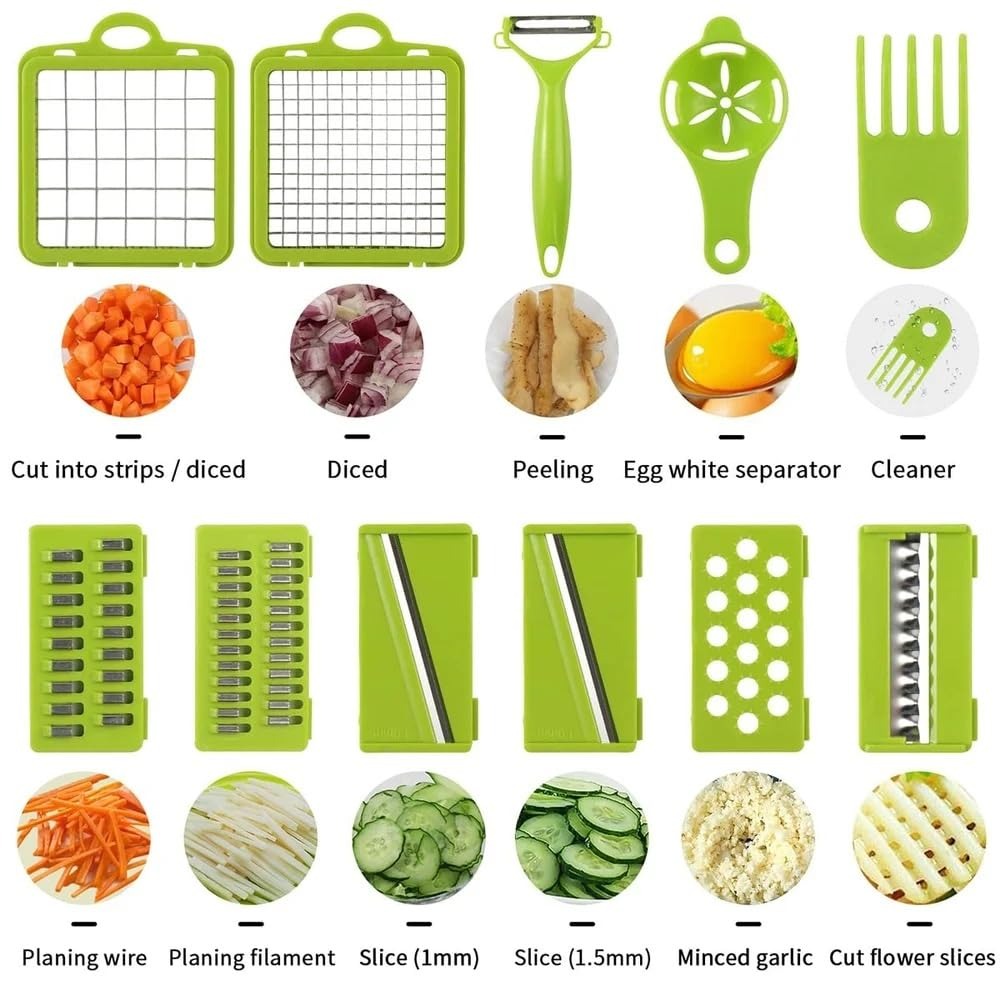 Vegetable Chopper, Multifunctional 15 in 1 professional food chopper, with 8 Blade for Onion Potato Tomato Cucumber Carrot Container Egg slicer Mandolin slicer Cheese slicer